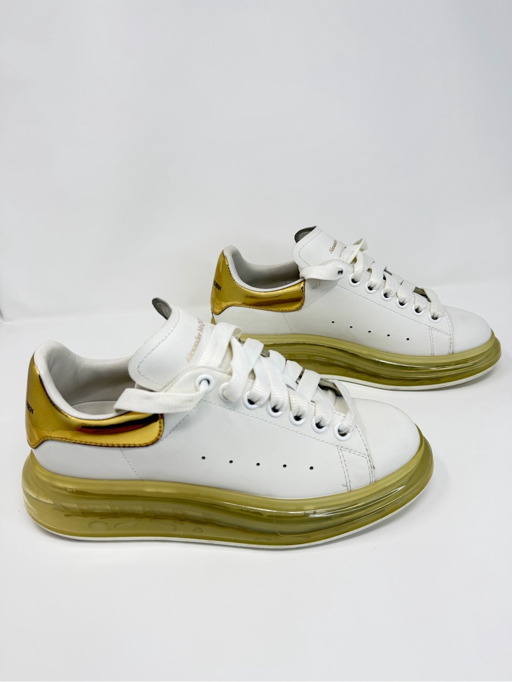 Alexander McQueen White Sneakers with Yellow-Green Soles and Metallic Gold Heel - Picture 3 of 6